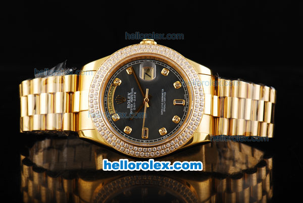 Rolex Day-Date II Automatic Movement Full Gold with Double Row Diamond Bezel-Black MOP Dial and Diamond Markers - Click Image to Close